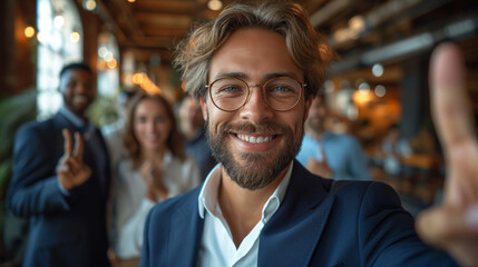 happy young businessman with glasses taking a selfie with his colleagues - obrazy, fototapety, plakaty