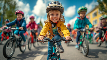 Fototapeta na wymiar adorable children with helmet riding their bikes