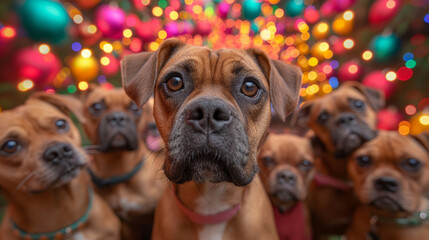 cute little shy boxer puppies with collar looking forward and sitting