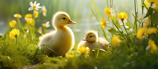 A mother duck leads her adorable duckling through a lush meadow filled with colorful flowers. The duckling follows closely behind, exploring their surroundings.