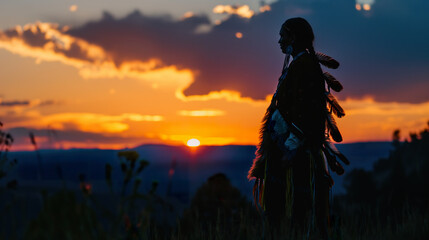 Fototapeta premium Silhouette of a Native American Indian in traditional attire, standing against the backdrop of a sunset over a mountain range, with feathers and beads adding to cultural richness. Pow wow