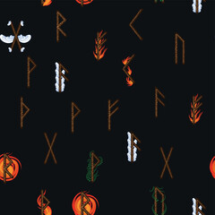 Hand drawn runic letters seamless pattern with elemental symbols. Magic signs and symbols of Scandinavian culture