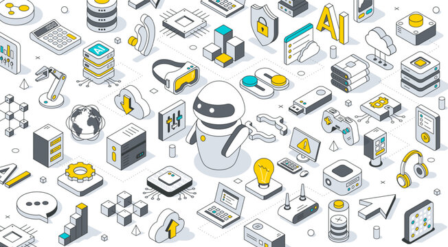 Technology isometric 3d background. AI robot surrounded by technology icons. Server equipment, laptop and virtual reality, Cloud technology, Big data, artificial intelligence, blockchain, game icons.