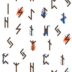 Hand drawn runic letters seamless pattern with elemental symbols. Magic signs and symbols of Scandinavian culture