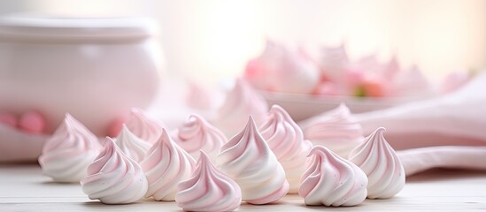 This close-up shot showcases a variety of small desserts, including meringue kisses, arranged neatly on a table. The desserts are colorful and look delicious, creating an inviting display.