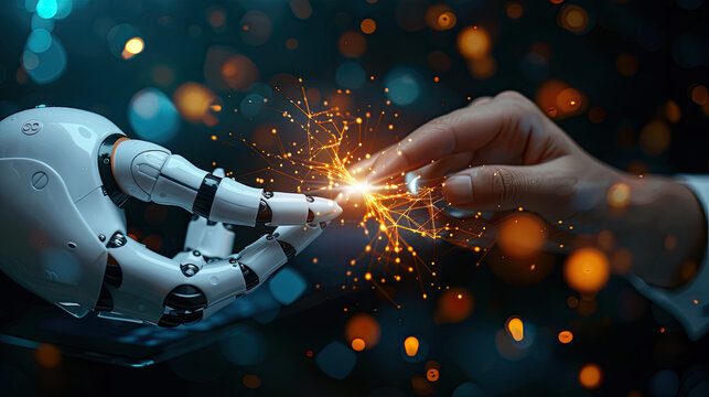 Technology meets humanity background, Human fingers and robot fingers touching, Science and innovation, Artificial intelligence technology concept.