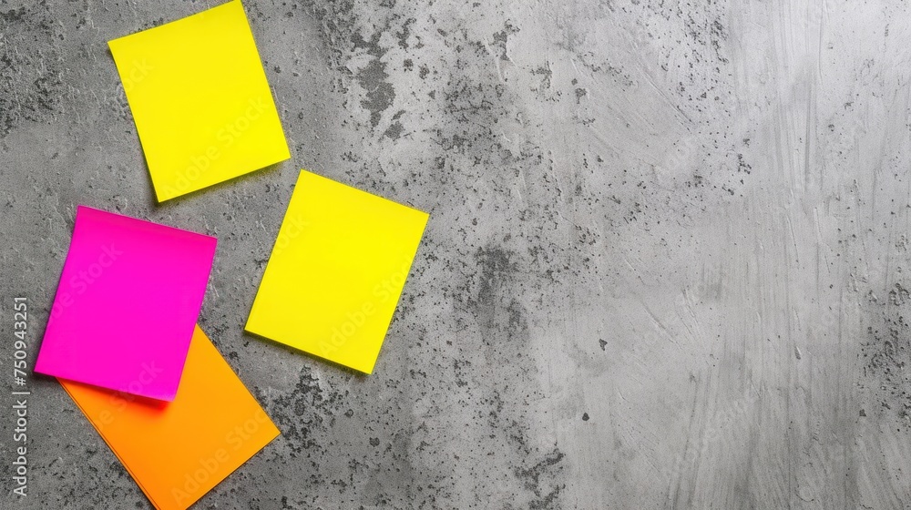 Poster three yellow and pink post - it notes on a gray concrete background with space for your own text or 