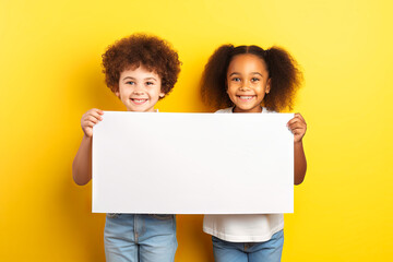 Two Young Girls Holding a Large White Sign - obrazy, fototapety, plakaty