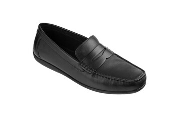 men's pair of black moccasins on isolated white background close-up