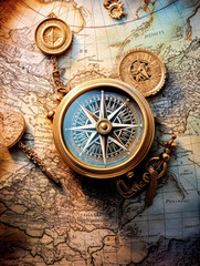 Fototapeta na wymiar An antique compass placed on a vintage map evokes nostalgia and beckons to tales of adventure, making it a perfect backdrop for retro themed designs.