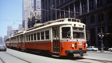 Nostalgic 1950s american city streets with charming trams and classic architecture