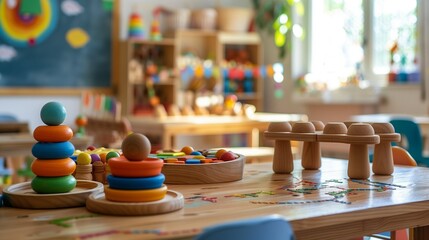 Wooden colored educational toys  standing on a table and  the cabinet shelves of preschool classroom  - obrazy, fototapety, plakaty