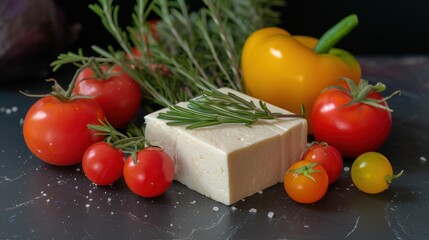 a block of cheese sitting on top of a table next to tomatoes and a bunch of green sprigs.