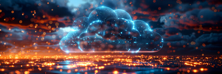 Image of Cloud Computing and Digital Data Transfrmation,
An image of an atomic bomb against the night in the style