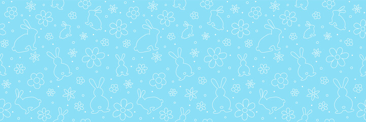 Seamless background with hand drawn rabbits and flowers. Layout for a wrapping paper, poster and card. Banner. Vector illustration