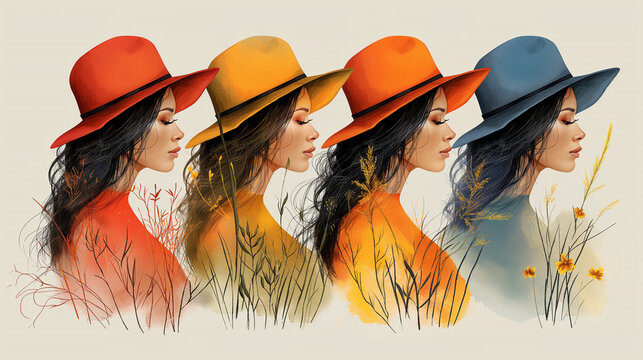 Four beautiful women dressed in colourful dresses and with hats on colourful background. Painting illustration. Selective focus. Copy space. Woman beauty concept.