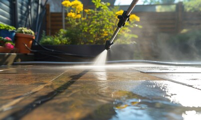 Patio cleaning useing high pressure jet. Detail of cleaning terrace.