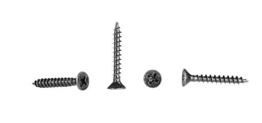 black wood screws on isolated white background close up