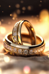 Wedding rings beautifully displayed on a glittering background, offering a panoramic view with ample copy space. Ideal for wedding themed designs or advertisements.