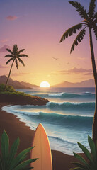 Flat-style illustration of a Maui sunset, Hawaii.
