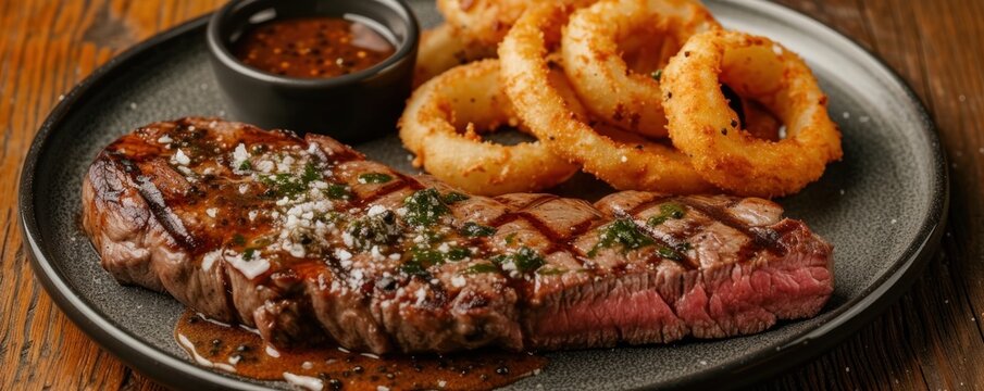 Finest steak and Onion Rings on dark plate.