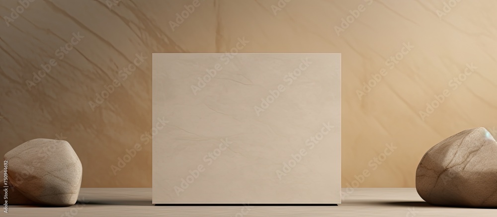 Poster a white box is placed on top of a table next to two rocks, creating a minimalistic product presentat