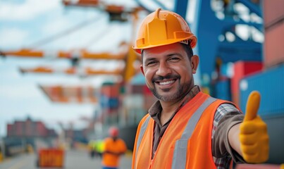 Male offshore oil rig engineer with toothy smile and orange hard hat and safety vest with perfect teeth and toothy smile smiling at camera with his thumbs up outdoors