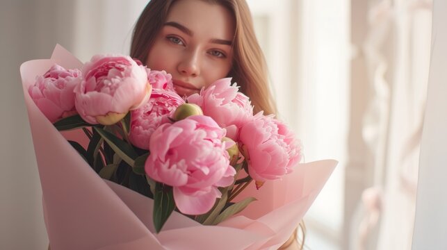 a woman holding a bouquet of pink flowers in front of her face and looking at the camera with a serious look on her face.