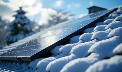 Snow covering the solar panel in sunset light