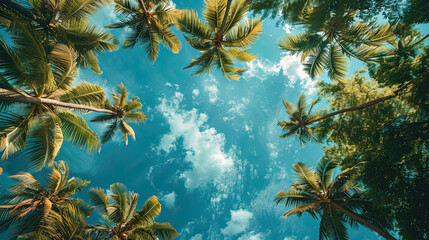 An image of two nice palm trees with blue sky, beautiful tropical background. - obrazy, fototapety, plakaty