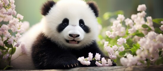 A black and white panda bear sits next to a bunch of colorful flowers, looking happy and cute with...