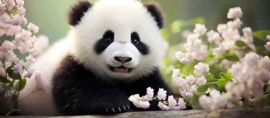 Foto op Plexiglas A black and white panda bear sits next to a bunch of colorful flowers, looking happy and cute with its fluffy appearance. © pngking
