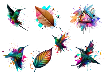 Stof per meter Vlinders Hummingbird and leaf with watercolor splashes. Vector illustration.