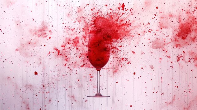 a wine glass with red paint splattered all over it and a wine glass in the middle of the frame.