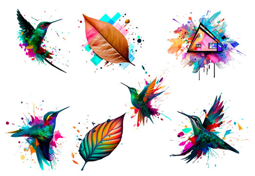 Hummingbird and leaf with watercolor splashes. Vector illustration.