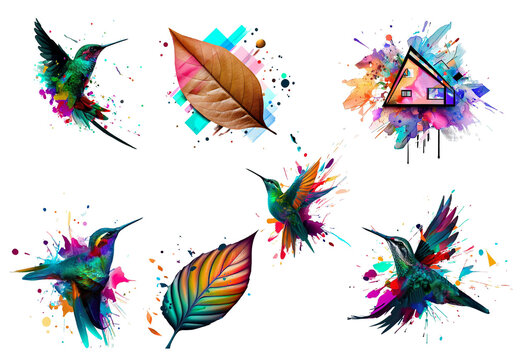 Hummingbird and leaf with watercolor splashes. Vector illustration.