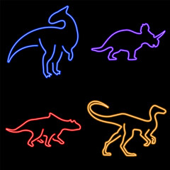 dinosaur group of neon icons, vector illustration on black background.