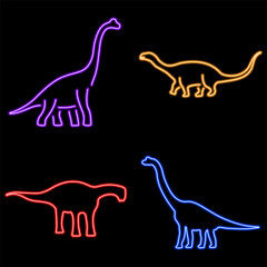 diplodocus group neon icons, vector illustration on black background.