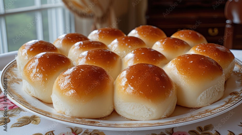 Poster a plate of rolls on a table with a flowered table cloth and a window in the backround.