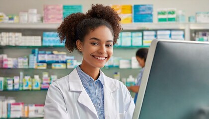  Smiling young female pharmacist using computer at pharmacy counter 