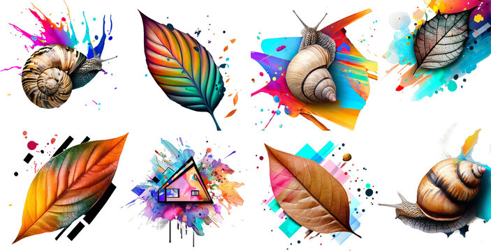 Collage of colorful leaves, snail and house on a white background