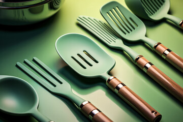 Kitchen utensils neatly arranged on the kitchen table, ready for cooking and meal preparation, creating a tidy and organized culinary workspace.