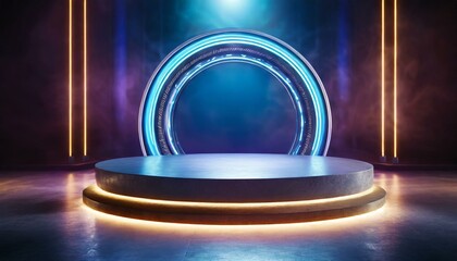 Modern round empty platform podium stand for product presentation scene with glowing neon lighting....
