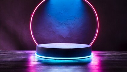 Modern round empty platform podium stand for product presentation scene with glowing neon lighting. Front view. Futuristic empty stage mockup