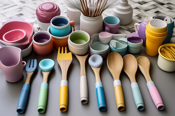 Kitchen utensils neatly arranged on the kitchen table, ready for cooking and meal preparation, creating a tidy and organized culinary workspace. - Powered by Adobe