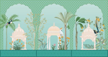 Mughal garden arch, plant, peacock illustration for wallpaper. Traditional garden wallpaper design vector illustration. - obrazy, fototapety, plakaty