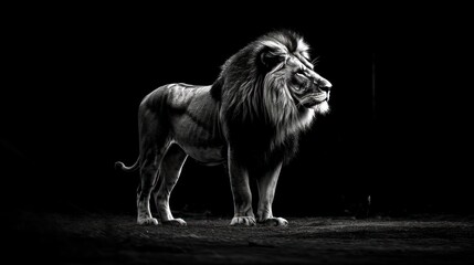 a black and white photo of a lion standing in the dark with it's head turned to the side.