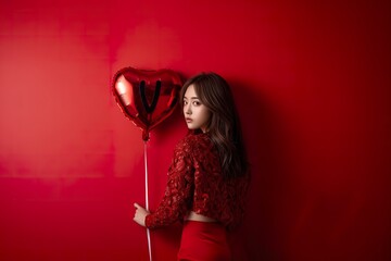 Young Asian woman holding heart balloon in front of vibrant red wall.