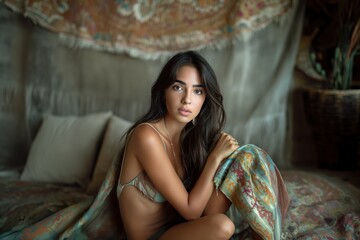 Fototapeta premium A half-Persian, half-Caucasian female model posing in a bikini while seated on a bed.