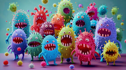 illustration of a funny colorful virus choir with wide open mouth - obrazy, fototapety, plakaty